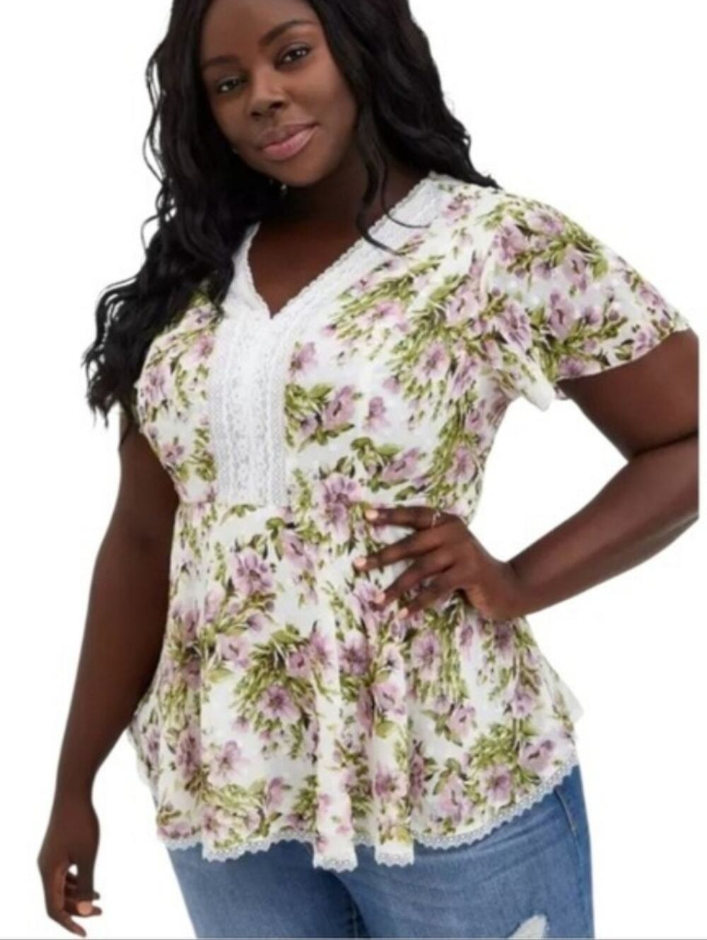 Torrid White/Purple Floral Clip Dot Lace Insert Flutter Sleeve Blouse Size 0/12